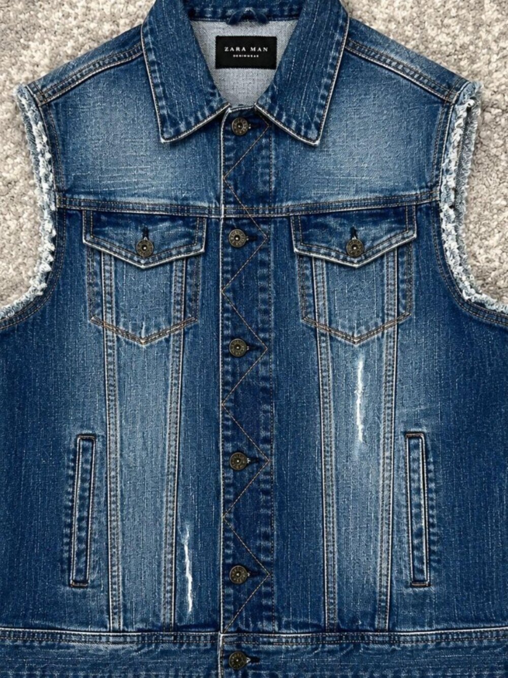 Zara Man Distressed Blue Denim Sleeveless Trucker Vest